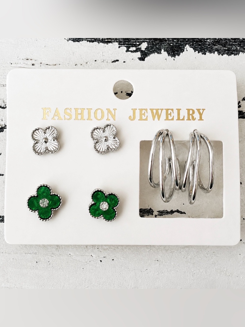 Cute Mixed Earring Set Bundle | Silver Hoops & Green Clover Studs